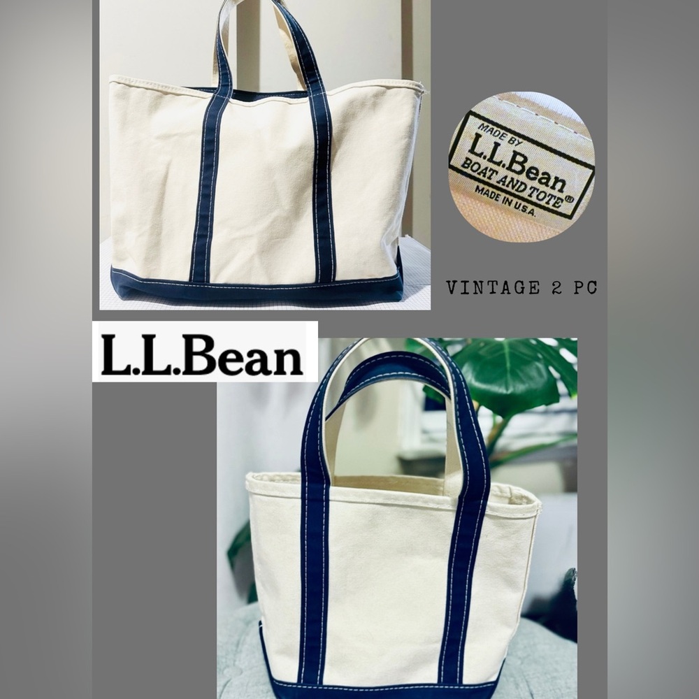 2pc Vintage LL Bean USA Boat and Tote Bag Medium & Small Navy Blue/Cream White